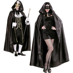 Enchanting Black Satin Hooded Cape - 145 cm of Elegance and Mystery