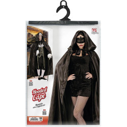 Enchanting Black Satin Hooded Cape - 145 cm of Elegance and Mystery