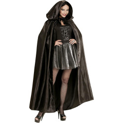 Enchanting Black Satin Hooded Cape - 145 cm of Elegance and Mystery