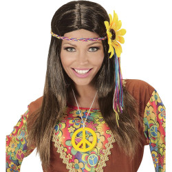 Groovy Brown Hippie Wig with Vibrant Sunflower Headband
