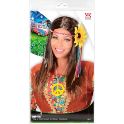 Groovy Brown Hippie Wig with Vibrant Sunflower Headband