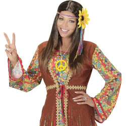 Groovy Brown Hippie Wig with Vibrant Sunflower Headband