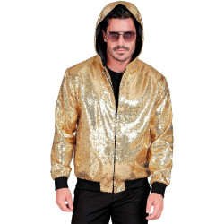 Sparkle in Style with our Gold Sequin Hooded Bomber Jacket for Carnival