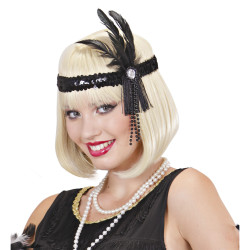 Black Glittering Headband with Feathers and Pearls