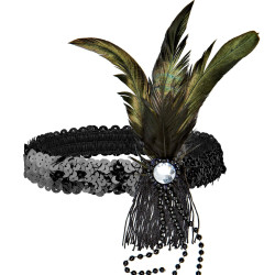 Black Glittering Headband with Feathers and Pearls