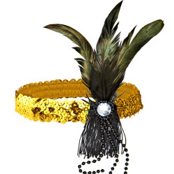Leather Sparkling Headband with Feathers and Pearls
