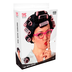 Black wig with hair curlers