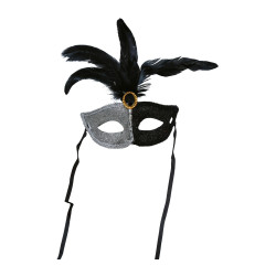 Black and White Mask with Black Feathers